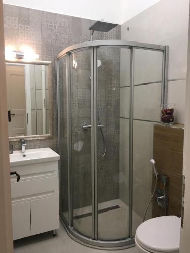 a bathroom with a shower with a toilet and a sink at Visit Debrecen Apartman in Debrecen