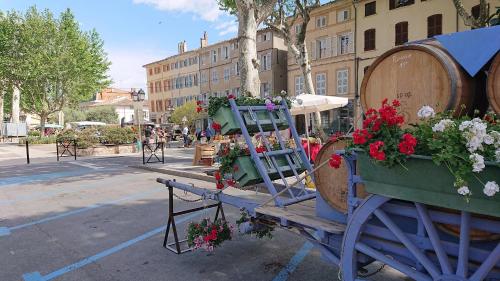 a wooden chair with flowers on a city street at Villa COLIBRI in Lorgues