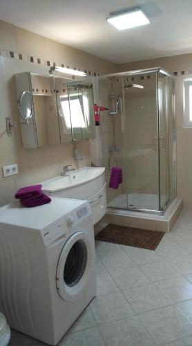 a bathroom with a washing machine and a shower at Villa Romeo in Calpe