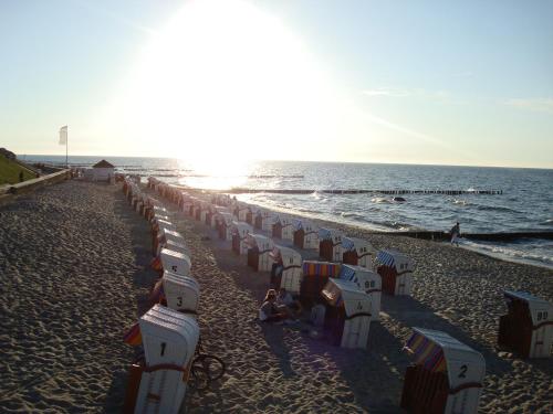 a row of beach chairs on a sandy beach at Ferienhaus Norway in Wittenbeck