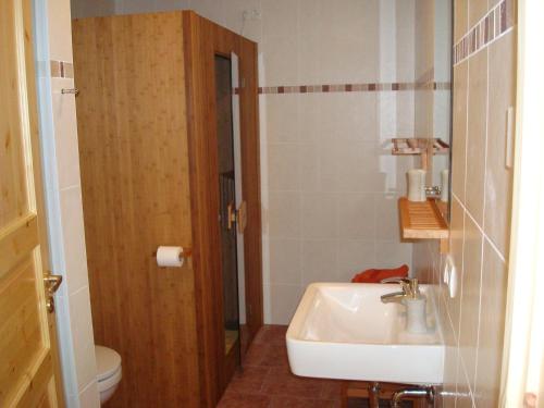 uma casa de banho com um lavatório e um WC em Ferienhaus Norway em Wittenbeck