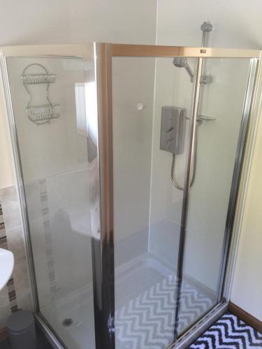 a shower with a glass enclosure in a bathroom at The Willows in Dalchreichart