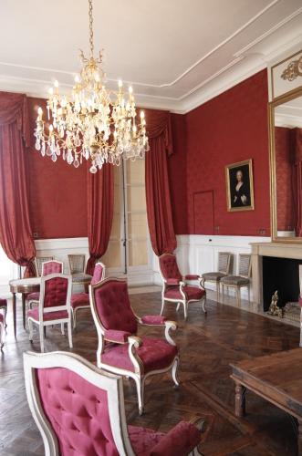a living room with red walls and a chandelier at Château de Villemorien in Villemorien