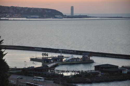 a dock with a boat in a body of water at Panaroma Damla Otel in Samsun