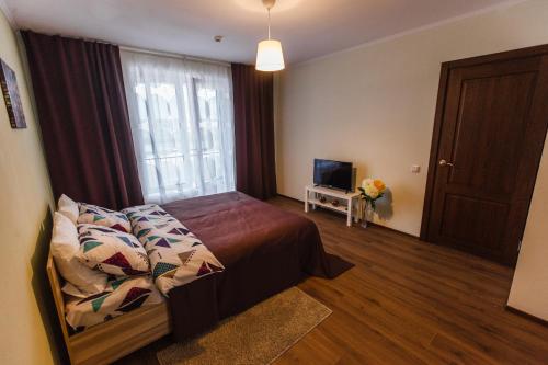 1 dormitorio con 1 cama y ventana con TV en Атмосферная квартира в Кошелев парке en Dubovyy Gay
