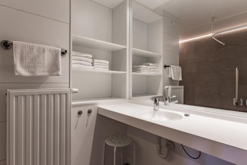 
a bathroom with a sink, mirror, and towel rack at Vakantie Domein Ter Helme in Oostduinkerke
