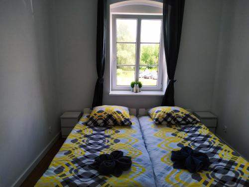 a bedroom with a bed with pillows and a window at Apartament w starej kamienicy in Mrągowo