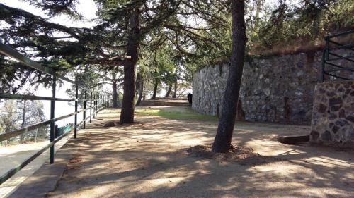 a walkway with trees next to a stone wall at Camping Bungalows El Far in Calella