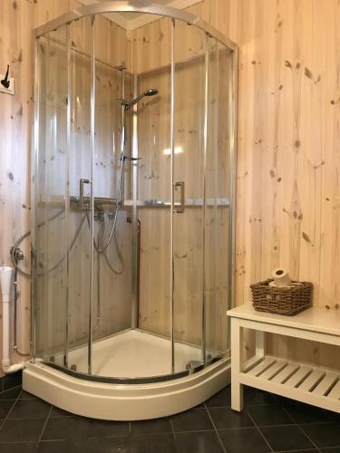 a shower with a glass enclosure in a bathroom at Kvamseter Lodge - Mountain Apartments in Norheimsund