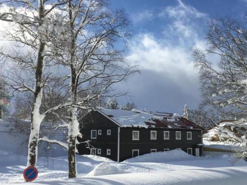 una casa nera nella neve con un albero di Kvamseter Lodge - Mountain Apartments a Norheimsund