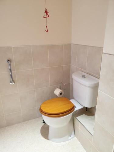 a bathroom with a toilet with a wooden toilet seat at the old red lion in Bruton