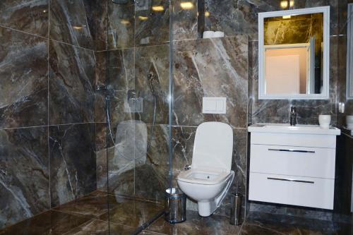 W łazience znajduje się toaleta, umywalka i lustro. w obiekcie Hotel Begolli w Prisztinie