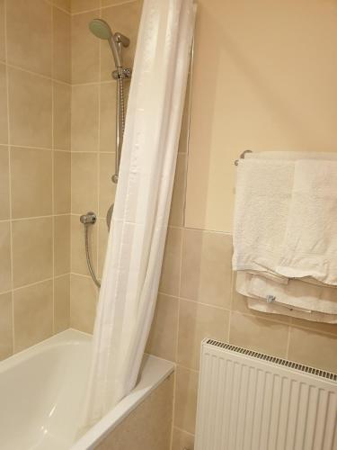 a bathroom with a shower with a white shower curtain at the old red lion in Bruton