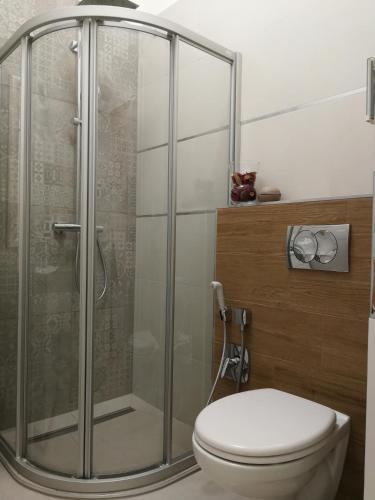 a bathroom with a glass shower with a toilet at Visit Debrecen Apartman in Debrecen