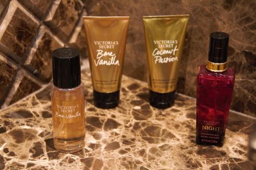 a group of four products sitting on a counter at Eden Hotel in Beirut