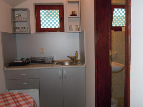 a small kitchen with a sink and two windows at Apartmani Sobe BILJANA in Arandjelovac