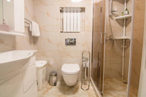 ein Bad mit einer Dusche, einem WC und einem Waschbecken in der Unterkunft Vip Apartment near Arena City in Kiew