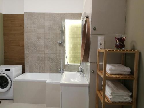 a bathroom with a sink and a washing machine at Visit Debrecen Apartman in Debrecen