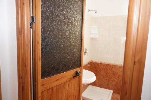 ein Badezimmer mit einem WC und einer Glastür in der Unterkunft Vila Gridi- Apartamente me Qera in Spille