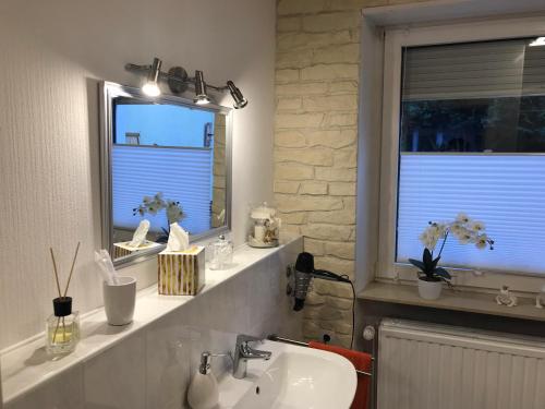 a bathroom with a sink and a mirror and a window at Casa Maria App. Maria in Sankt Wendel