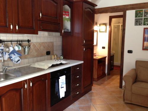 a kitchen with wooden cabinets and a sink at Il Borgo 19 in Scapoli