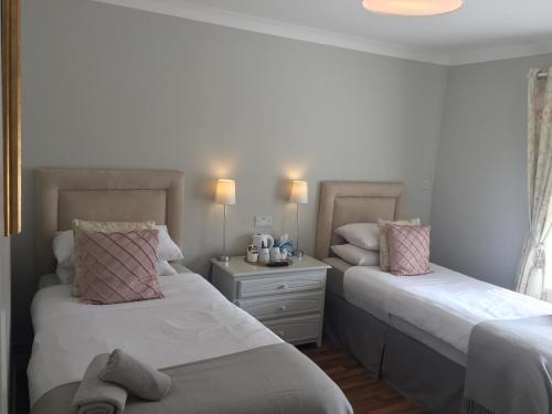two beds sitting next to each other in a bedroom at Coral Gables Guesthouse & Campsite in Rosslare