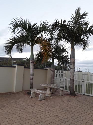 two palm trees and a bench in front of a fence at 12 Uvongo Breeze in Uvongo Beach