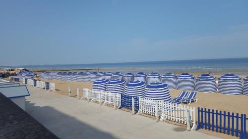 a row of blue and white chairs on the beach at Plage Cabourg 7bis in Cabourg