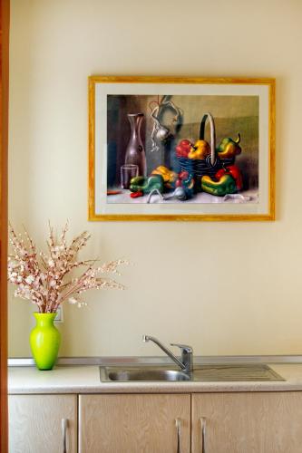 a kitchen counter with a sink and a picture on the wall at Hotel Loukas Vrachos in Paralia Vrachou