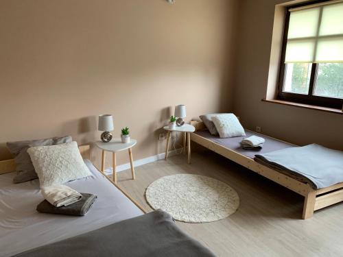 1 dormitorio con 2 camas y ventana en Apartament Centrum, en Świdnica