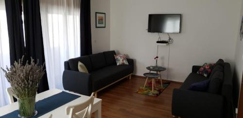 a living room with a couch and a tv at Central, spacious, great view in Hvar