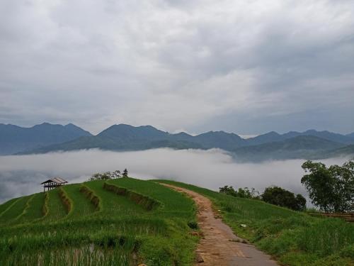 a dirt road on top of a green hill with clouds at Dao Homestay in Hoàng Su Phì