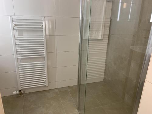 a shower with a glass door in a bathroom at Hotel Adore in Romanel-sur-Lausanne