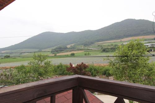 a balcony with a view of a field and mountains at Daegwanryeong Rodem Tree Pension in Pyeongchang 