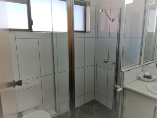 a bathroom with a shower and a toilet and a sink at Macintyre Motor Inn in Goondiwindi