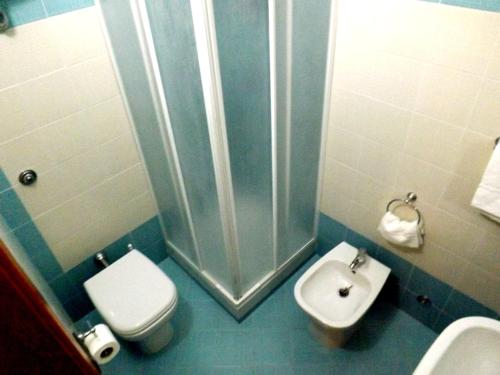 a bathroom with a shower and a toilet and a sink at Bed & Breakfast La Villetta in Botricello