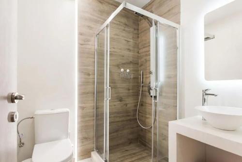 W łazience znajduje się prysznic, toaleta i umywalka. w obiekcie CosmosDome / Best apartment in the heart of Athens ! w Atenach