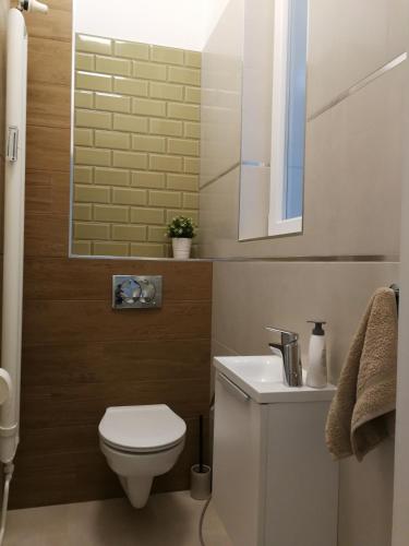 a bathroom with a toilet and a sink and a mirror at Visit Debrecen Apartman in Debrecen