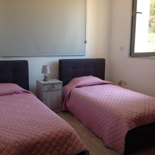 two beds sitting next to each other in a bedroom at Pomos Idol Exceptional Beach Villa in Pomos