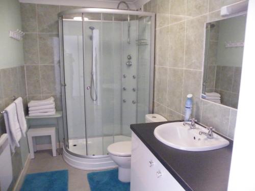 a bathroom with a shower and a toilet and a sink at Coasters Holiday Flats in Macduff