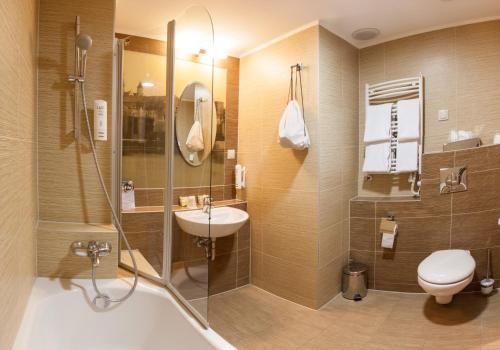 a bathroom with a shower and a sink and a toilet at Galaxy Hotel in Kraków