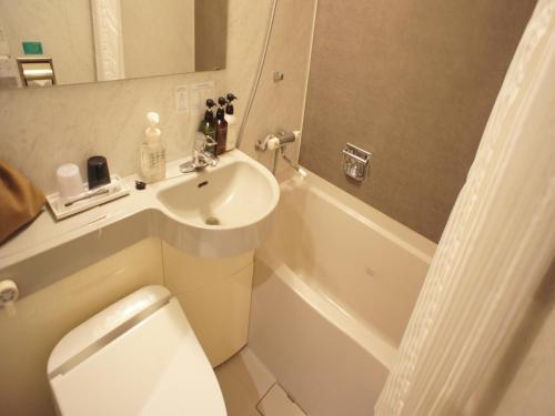 a bathroom with a sink and a toilet and a tub at Nishitetsu Inn Shinjuku in Tokyo