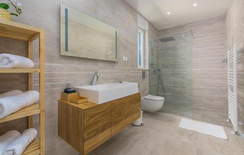 une salle de bains avec lavabo, toilettes et douche dans l'établissement Villa Emelie, à Medulin
