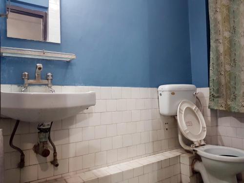 a bathroom with a toilet and a sink at Hotel Down Town in Kathmandu