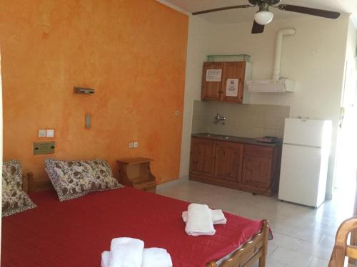 Habitación con cama y cocina con nevera. en Hotel Kallithea, en Loutra Edipsou