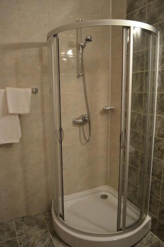 a shower with a glass door in a bathroom at Pensiunea Magura in Baia Mare