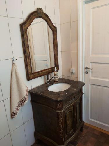 baño con lavabo y espejo en la pared en Paslepa Mõis, en Paslepa
