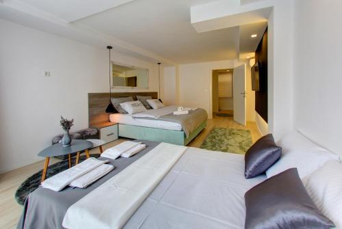 a bedroom with two beds and a mirror at Emerald Apartment in Mostar