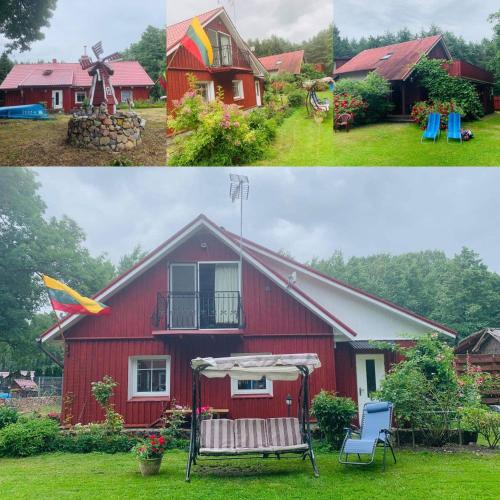 two pictures of a red house and a windmill at Adeles sodyba in Sturmai