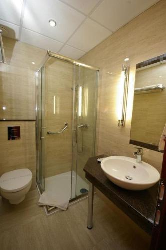 a bathroom with a shower and a sink and a toilet at Xavin Wellness Hotel & Restaurant in Harkány